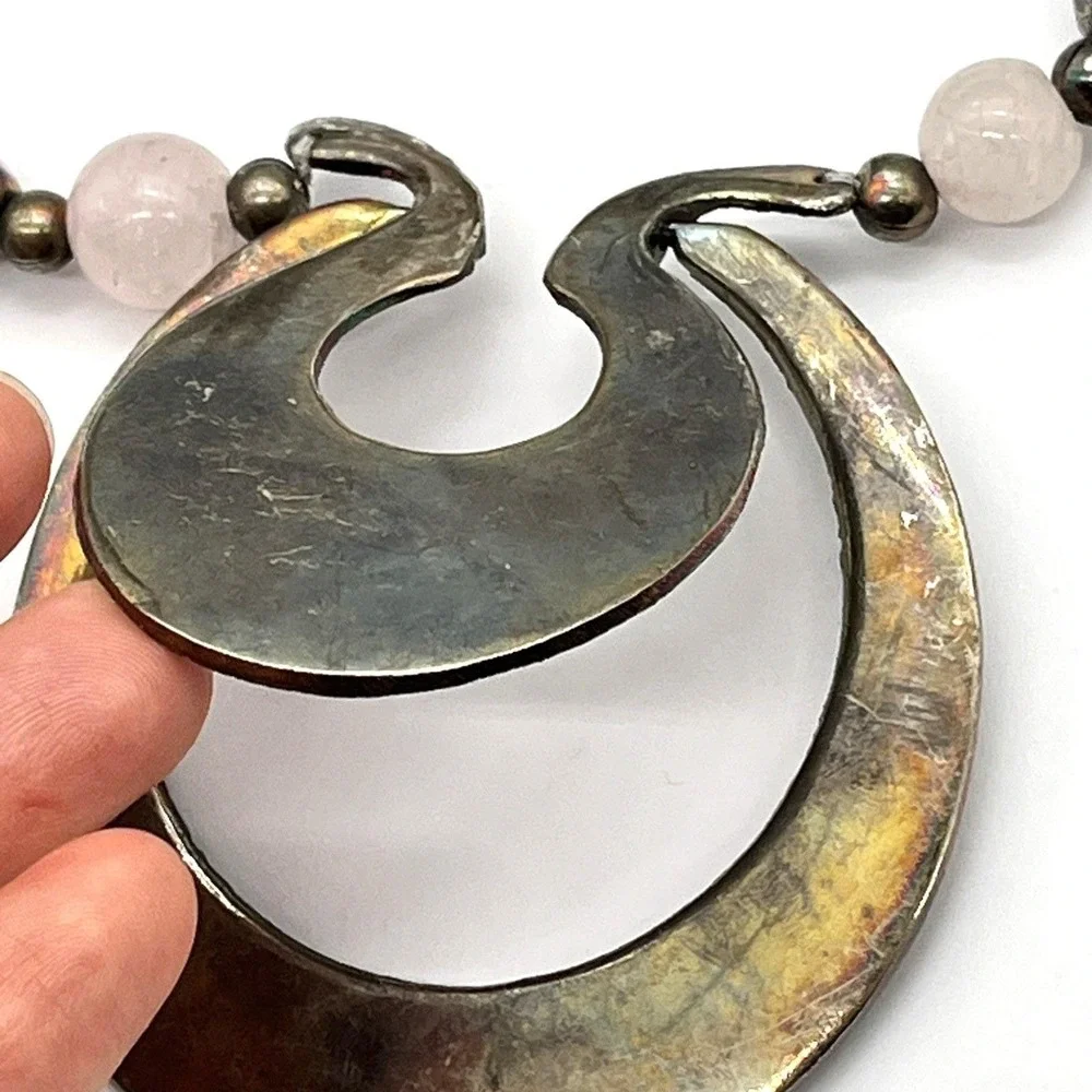 Vintage Brutalist Style Necklace & Clip Earrings Silver Tone 80s